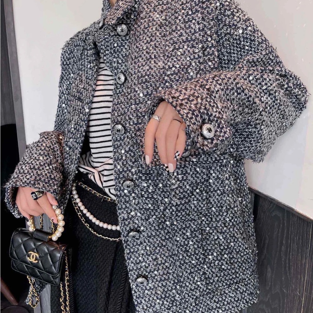 Stunning Women's Tweed Button-Up Jacket - Silver Sequins - Picture 7 of 11